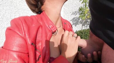 My stepsister in leather & stockings masturbates her pussy while sucking my cock & receives a facial