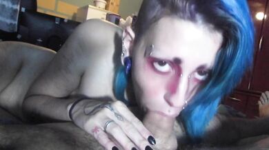 Blue hair egirl do a blowjob riding cum inside creampie