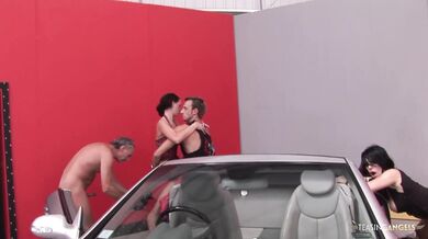 Three lucky guys talked two babes into fucking with them