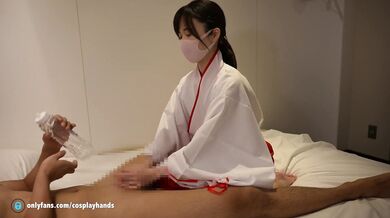 I give a guy a hand job with cosplay as a priestess