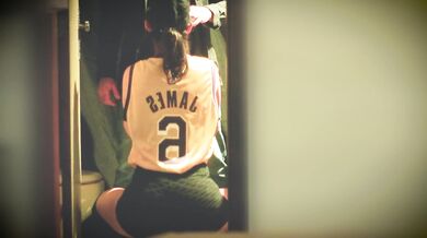 Basketball player gives coach a blowjob in the bathroom at the back of the gym.