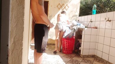 I caught my stepdaughter doing laundry in shorts, I got horny and like her super luscious pussy