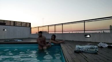 cumming a lot in the pool at a beautiful sunset - accounter adventure